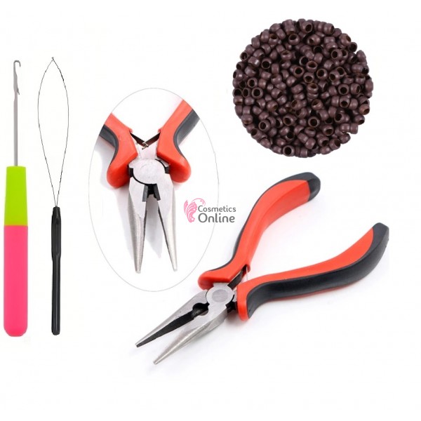 Set pentru extensii de par cu cleste IM001E, 100 inele Nanoring fara silicon cu iglita si croseta Saten Mediu